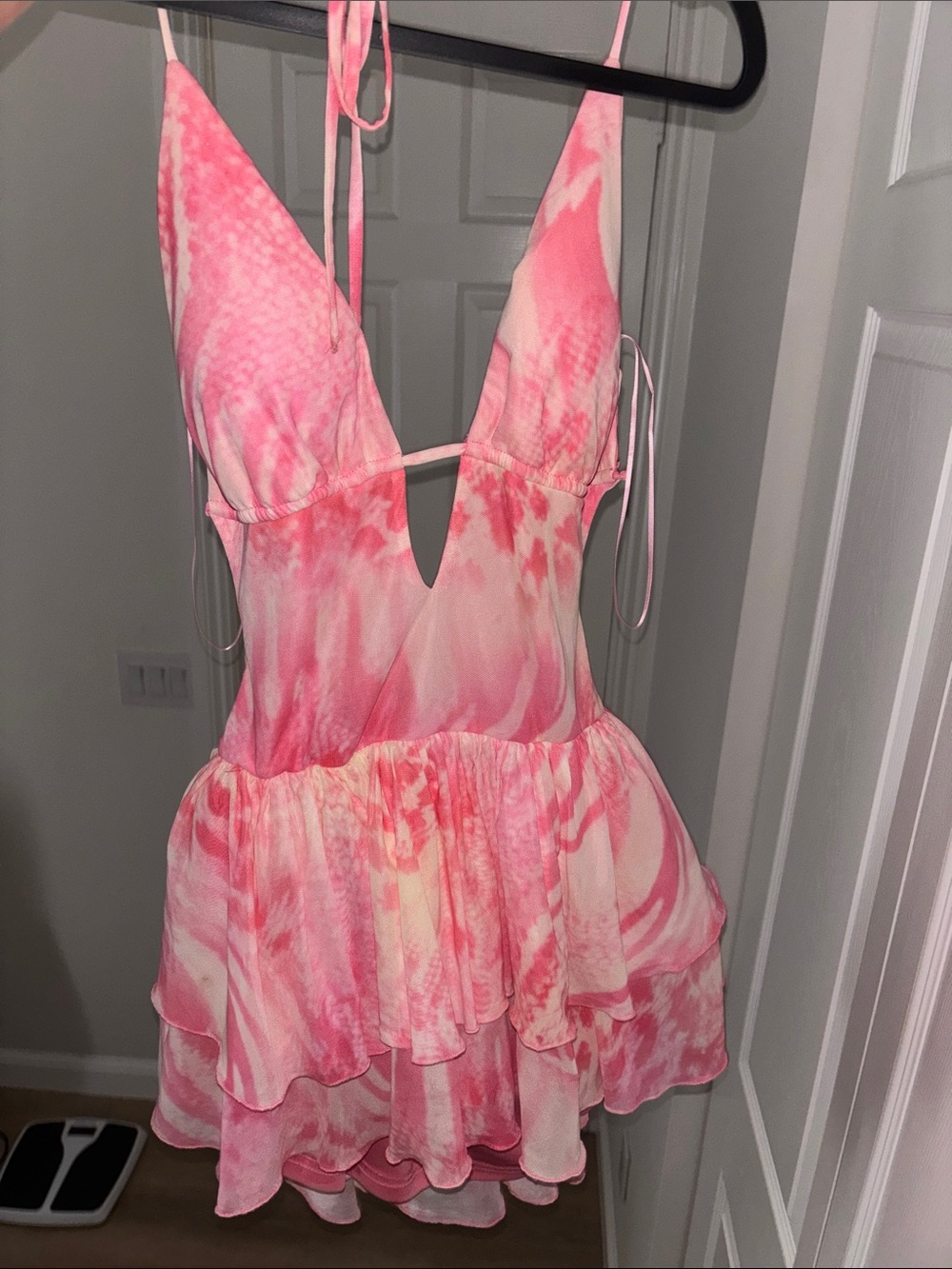 Windsor Pink Tie-Dye Backless Ruffle Mini Dress